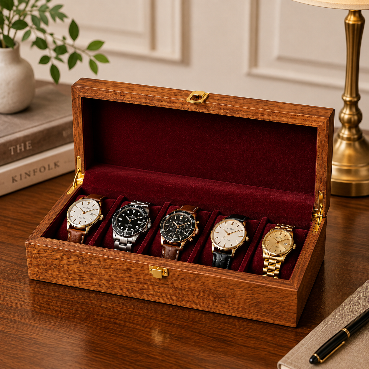 A wooden watch display box with a deep red velvet interior, shown open on a wooden table. Five wristwatches in different colors are arranged inside the box.