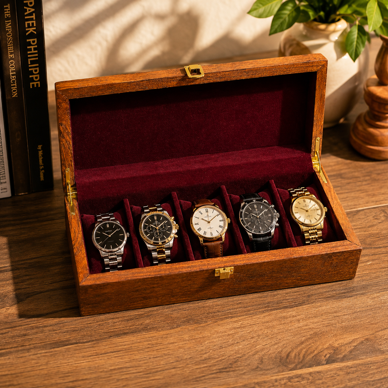 Solid Sheesham Wood Watch Box – 5 Slot Wooden Top & Gold Hinges CRAFT WOOD