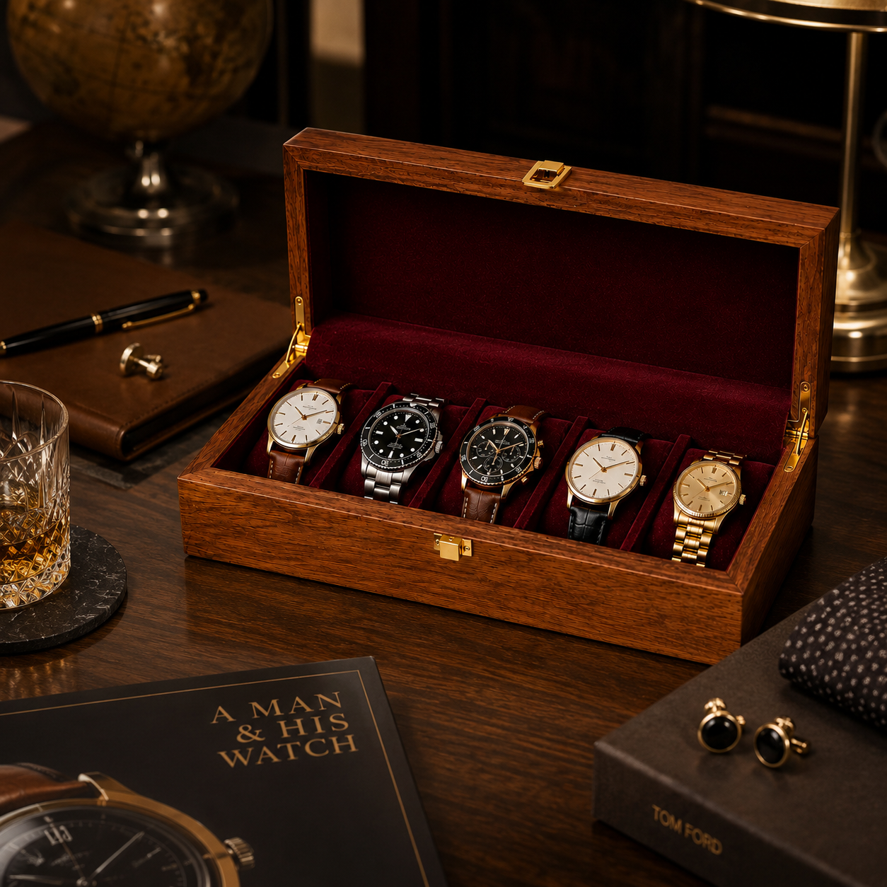 An open wooden watch box with a burgundy velvet interior holding five wristwatches, styled on a dark wooden desk with watches, a glass, and other luxury accessories around it.