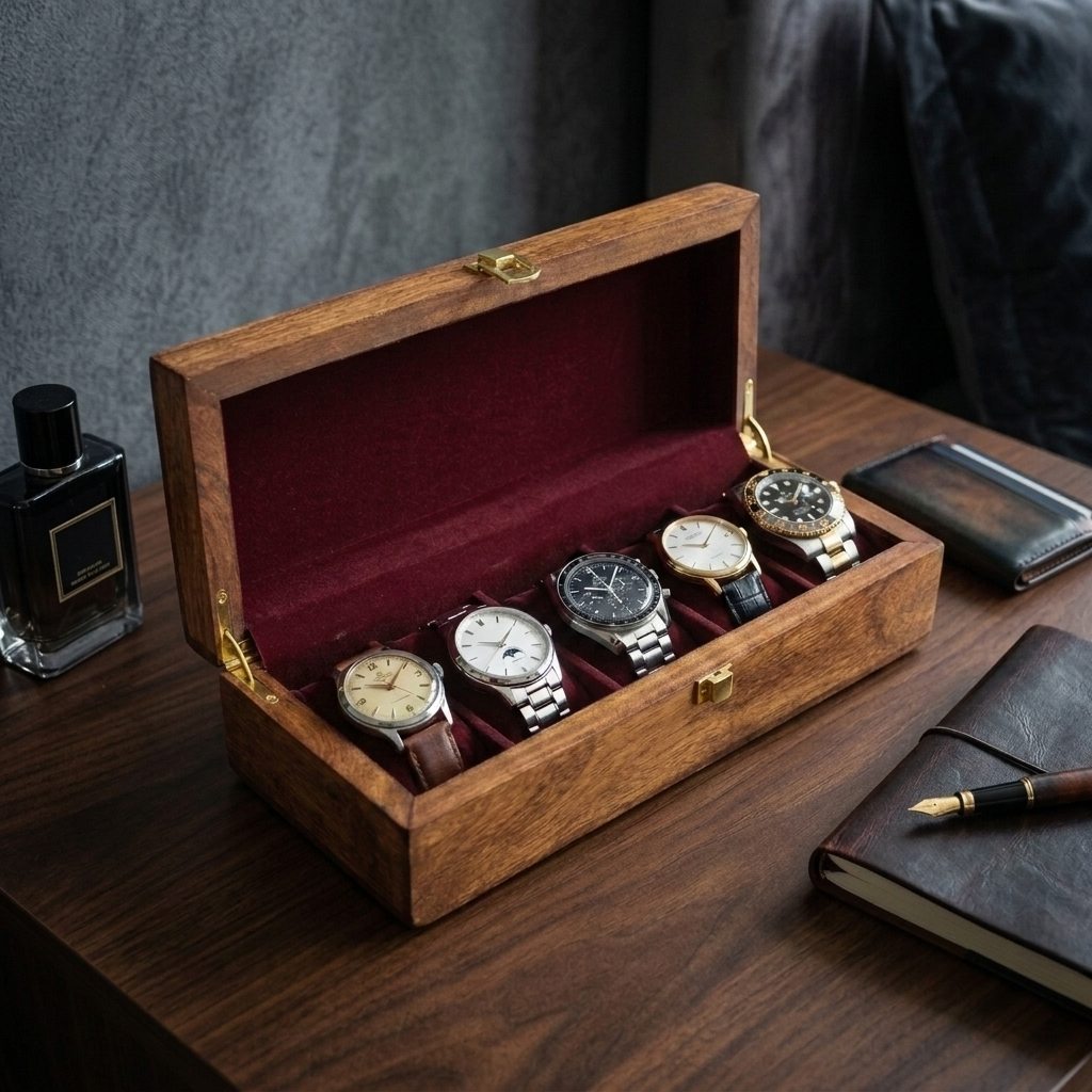 A wooden watch box with an open lid, lined with deep burgundy velvet, holding five wristwatches on a dark wooden table. The scene is styled with a perfume bottle, a wallet, and a notebook in a moody indoor setting.