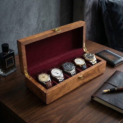 A wooden watch box with an open lid, lined with deep burgundy velvet, holding five wristwatches on a dark wooden table. The scene is styled with a perfume bottle, a wallet, and a notebook in a moody indoor setting.