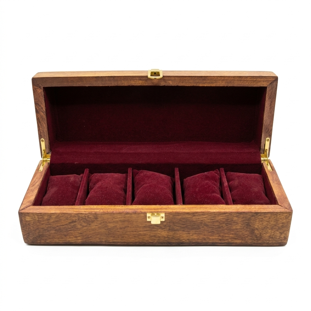An open wooden watch box with a dark reddish-brown wood grain exterior and a deep burgundy velvet interior, featuring five individual watch cushion compartments and gold-tone metal latches.