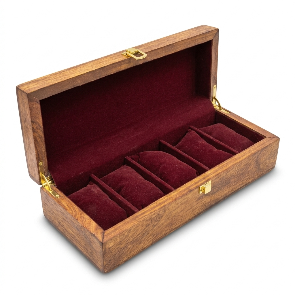 An open wooden watch box with a warm brown wood grain exterior and a deep burgundy velvet interior featuring five individual watch slots and cushioning, secured with brass latches.
