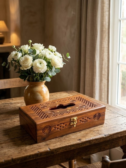Sheesham Wood Tissue Box Cover | Hand-Carved Jali Design with Brass Inlay & Clasp