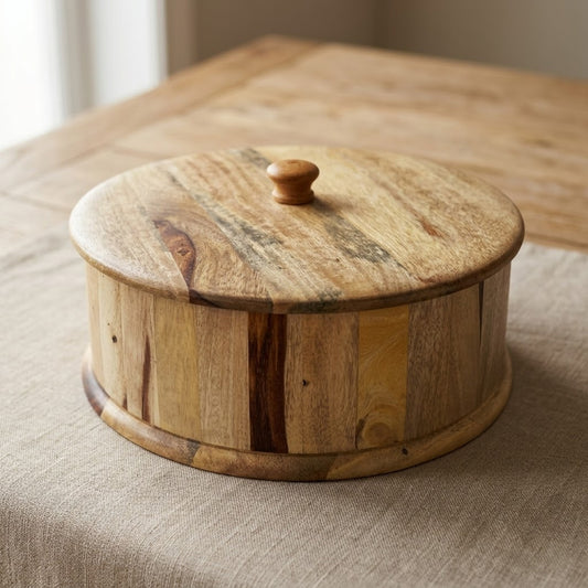 Natural Light Wood Hotpot | Round Roti Box, Solid Wood