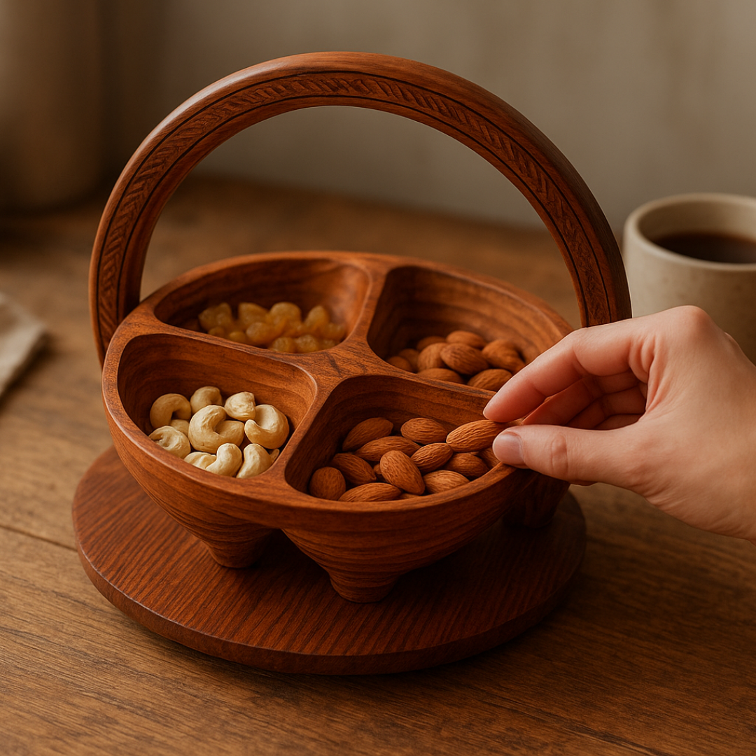 4-Portion Hand-Carved Wooden Dry Fruit Serving Tray