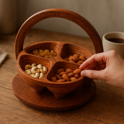 4-Portion Hand-Carved Wooden Dry Fruit Serving Tray